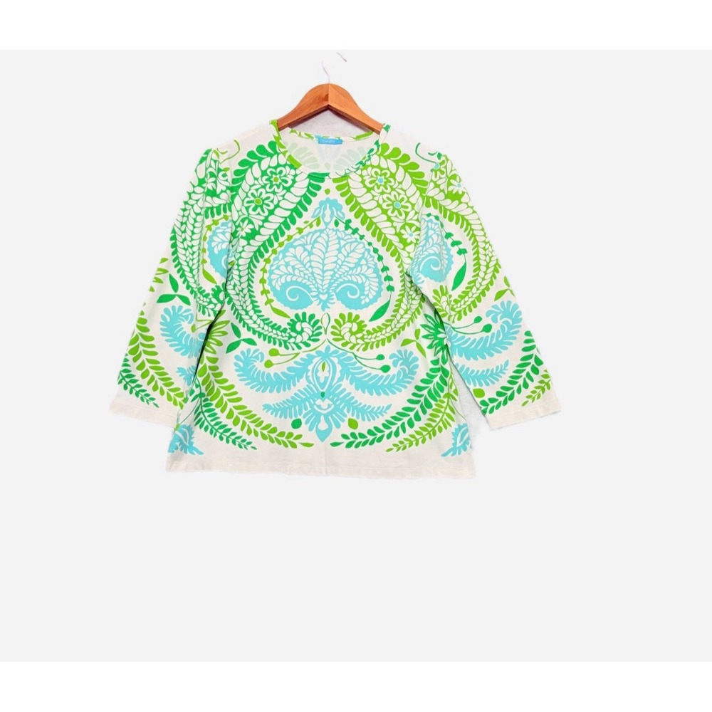 J McLaughlin Top Fern Print Crew Neck Stretch Catalina Cloth Artsy Stretch Sz XL